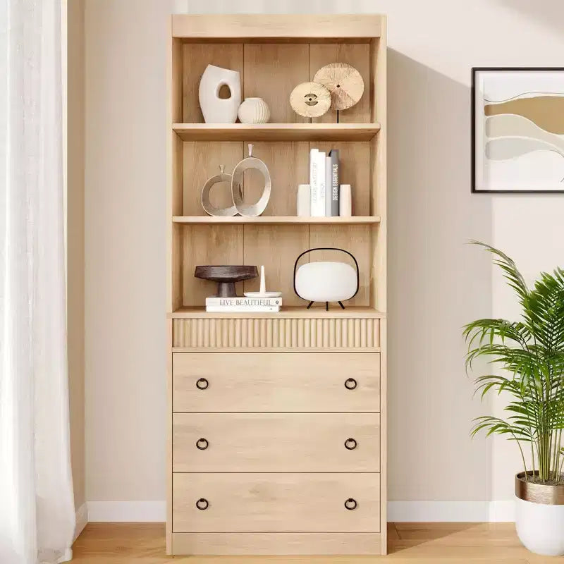 70.8" Fluted Bookcase with Drawers, White 6-Tier Bookshelf with Storage, Tall Waved Design Storage Cabinet
