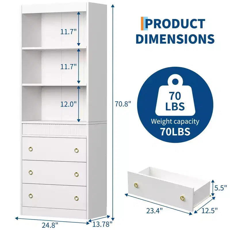 70.8" Fluted Bookcase with Drawers, White 6-Tier Bookshelf with Storage, Tall Waved Design Storage Cabinet