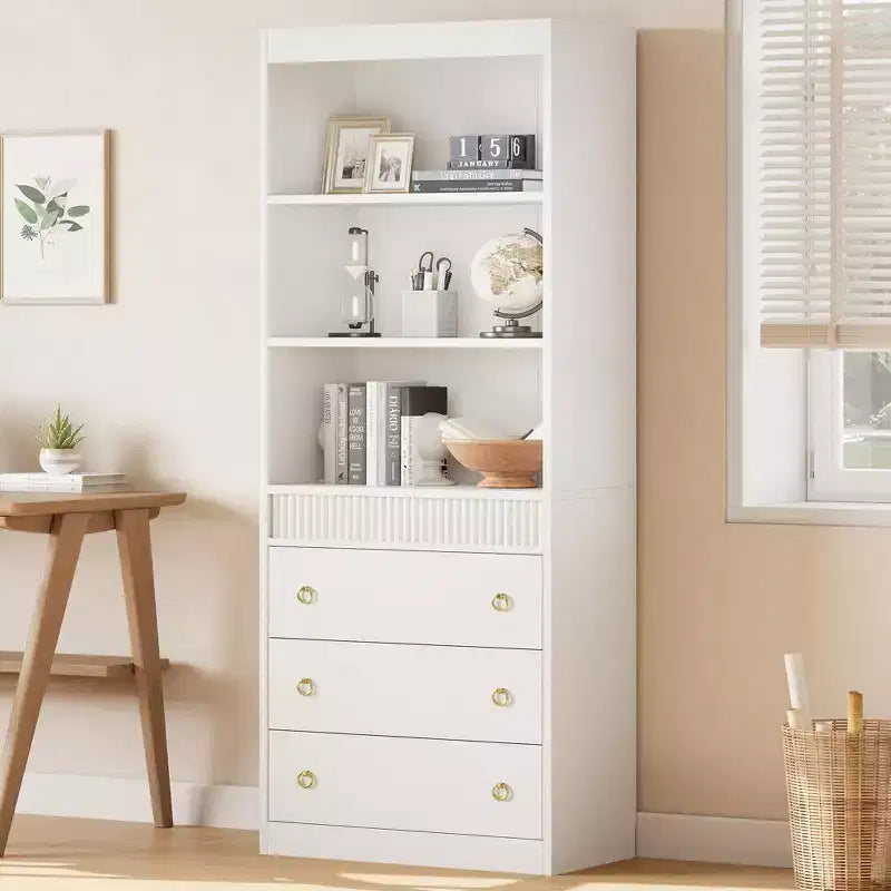 70.8" Fluted Bookcase with Drawers, White 6-Tier Bookshelf with Storage, Tall Waved Design Storage Cabinet