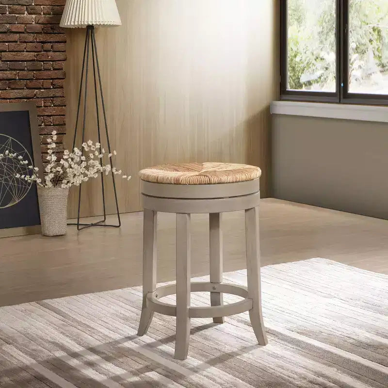 24" Swivel Rush Seat Counter Height Barstool, Weathered Gray, Solid Wood, Indoor Use
