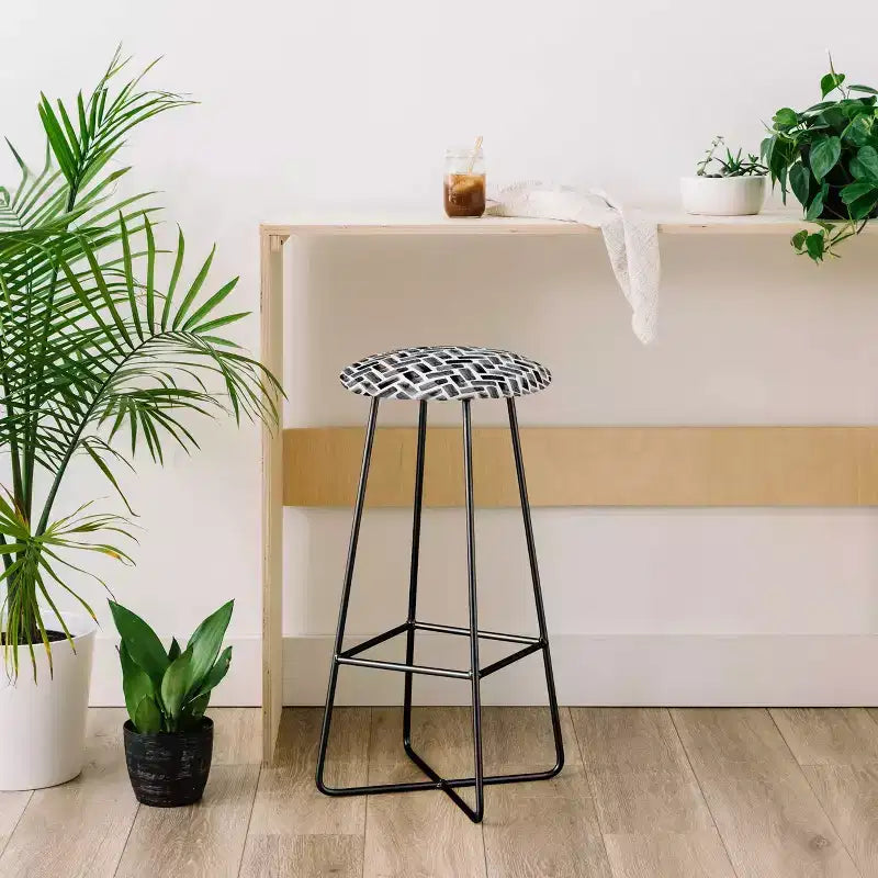 Herringbone Barstool, Black, 30" Upholstered Steel Frame, Geometric Pattern
