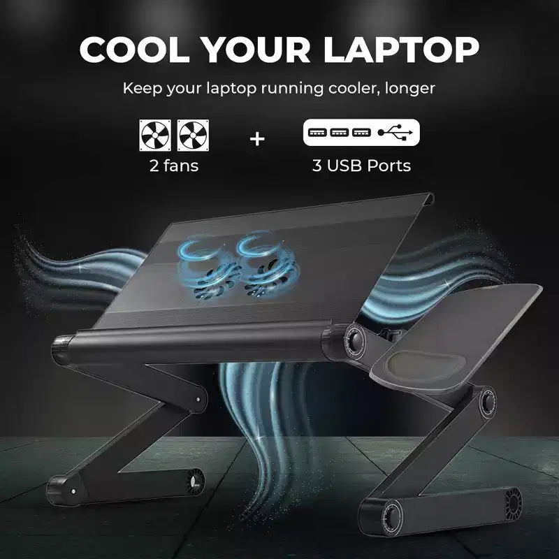 Adjustable Laptop Cooling Stand & Lap Desk, Aluminum, USB Ports, Black