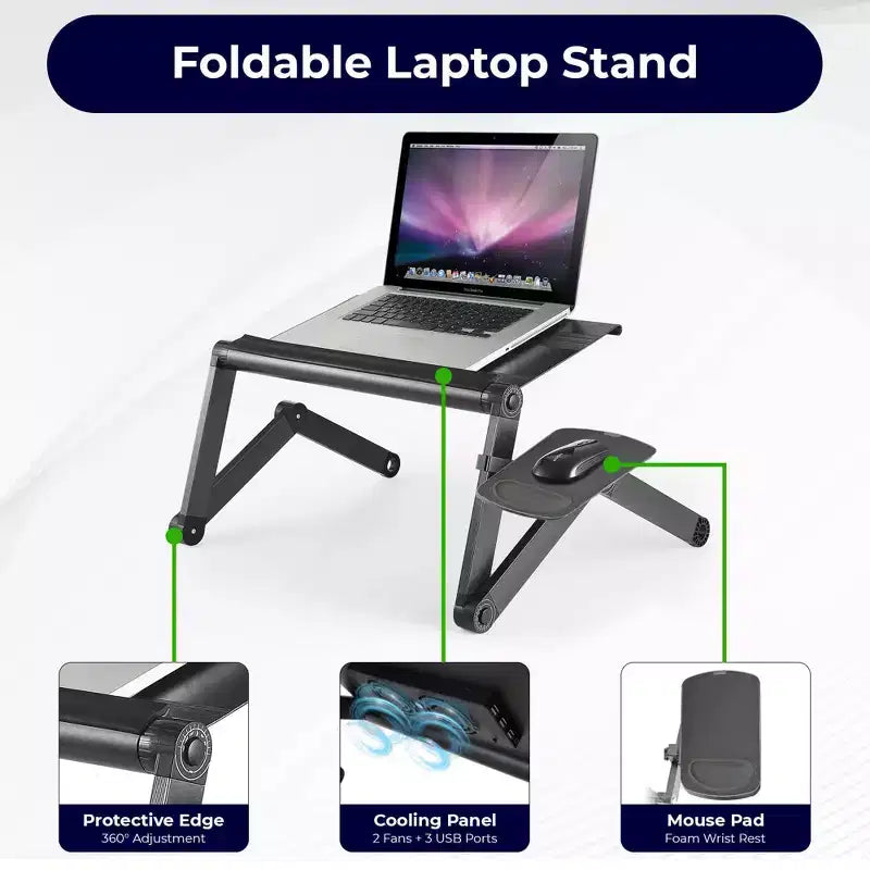 Adjustable Laptop Cooling Stand & Lap Desk, Aluminum, USB Ports, Black