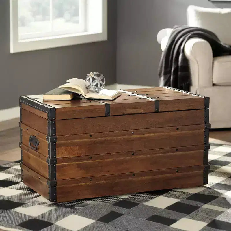 Vintage-Inspired Storage Trunk, Brown Wood with Black Metal Hardware