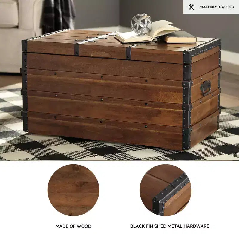 Vintage-Inspired Storage Trunk, Brown Wood with Black Metal Hardware