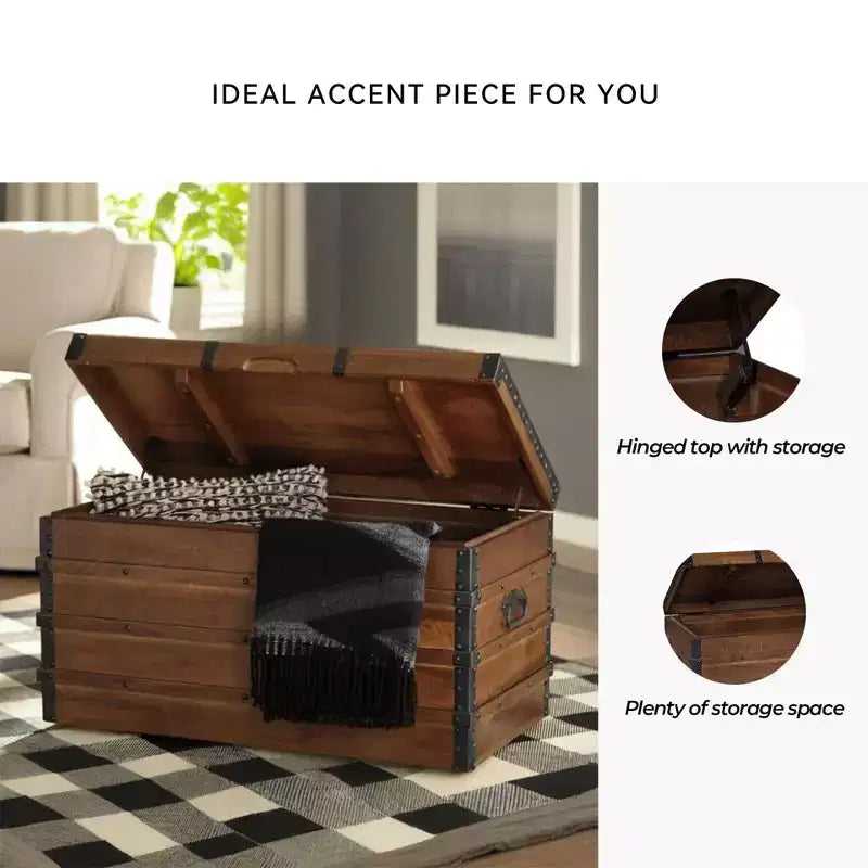 Vintage-Inspired Storage Trunk, Brown Wood with Black Metal Hardware
