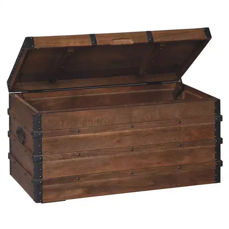 Vintage-Inspired Storage Trunk, Brown Wood with Black Metal Hardware