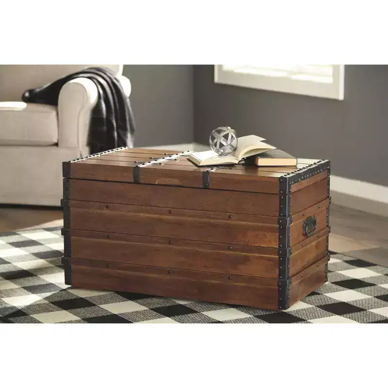 Vintage-Inspired Storage Trunk, Brown Wood with Black Metal Hardware