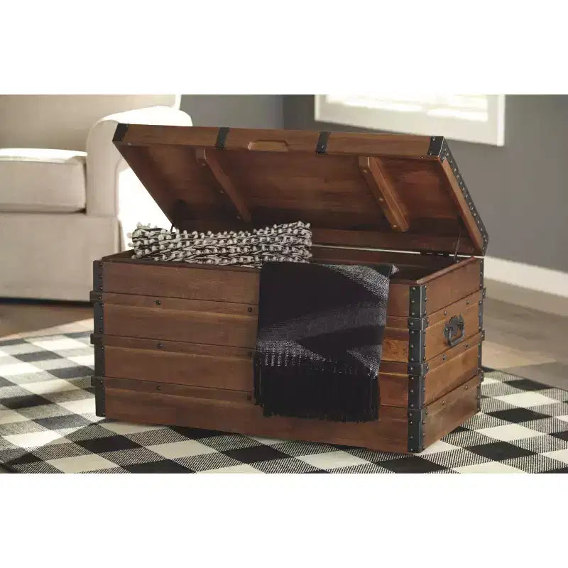 Vintage-Inspired Storage Trunk, Brown Wood with Black Metal Hardware