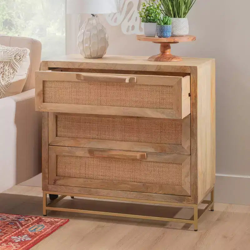 Transitional 3-Drawer Cabinet with Natural Cane and Gold Metal Base