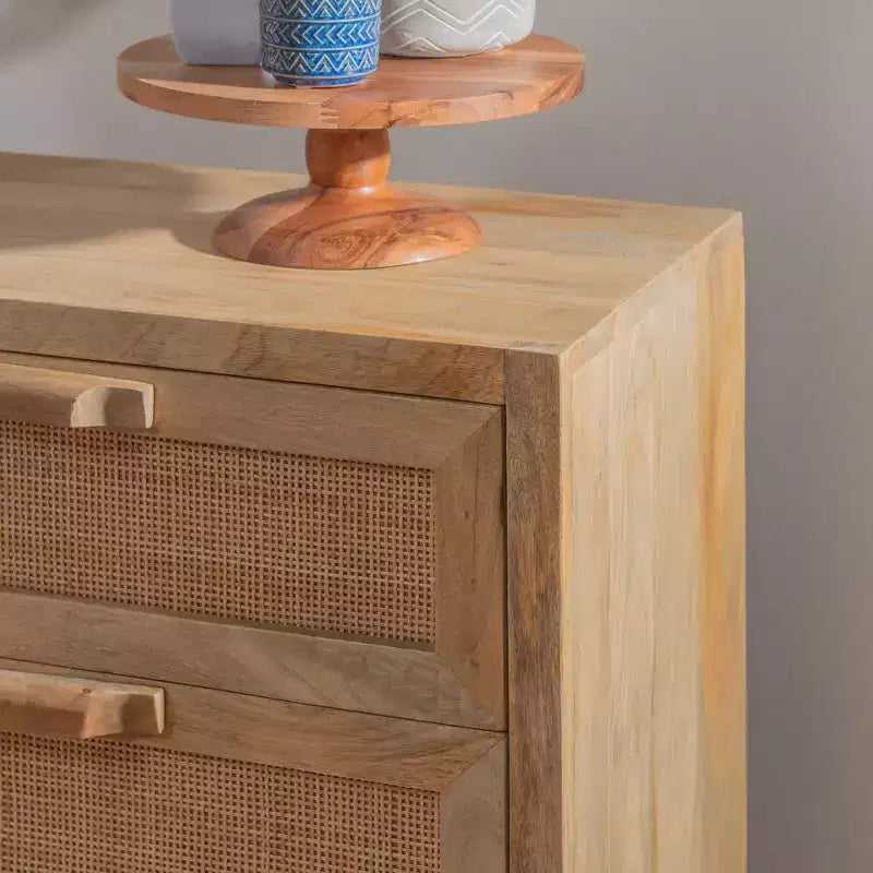 Transitional 3-Drawer Cabinet with Natural Cane and Gold Metal Base