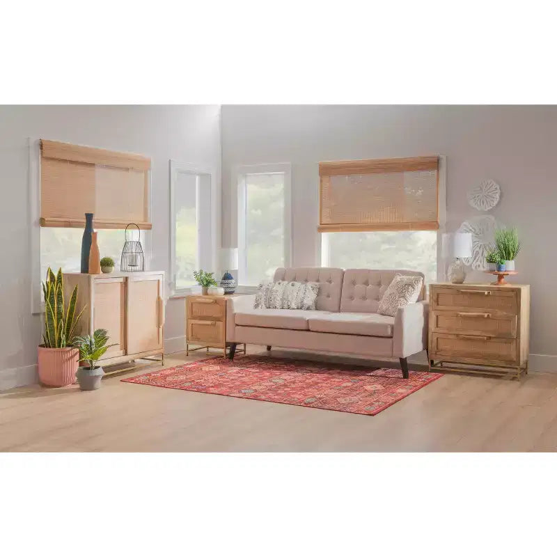 Transitional 3-Drawer Cabinet with Natural Cane and Gold Metal Base