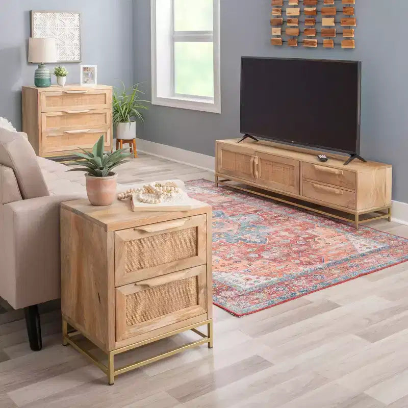 Transitional 3-Drawer Cabinet with Natural Cane and Gold Metal Base