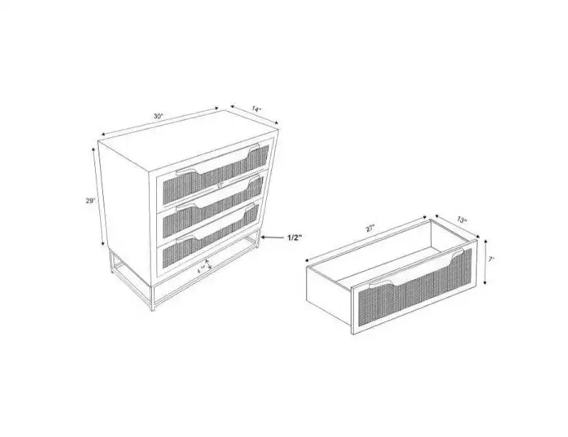 Transitional 3-Drawer Cabinet with Natural Cane and Gold Metal Base