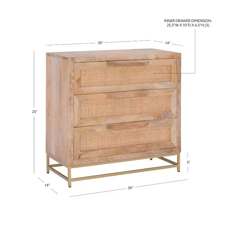 Transitional 3-Drawer Cabinet with Natural Cane and Gold Metal Base