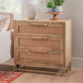 Transitional 3-Drawer Cabinet with Natural Cane and Gold Metal Base