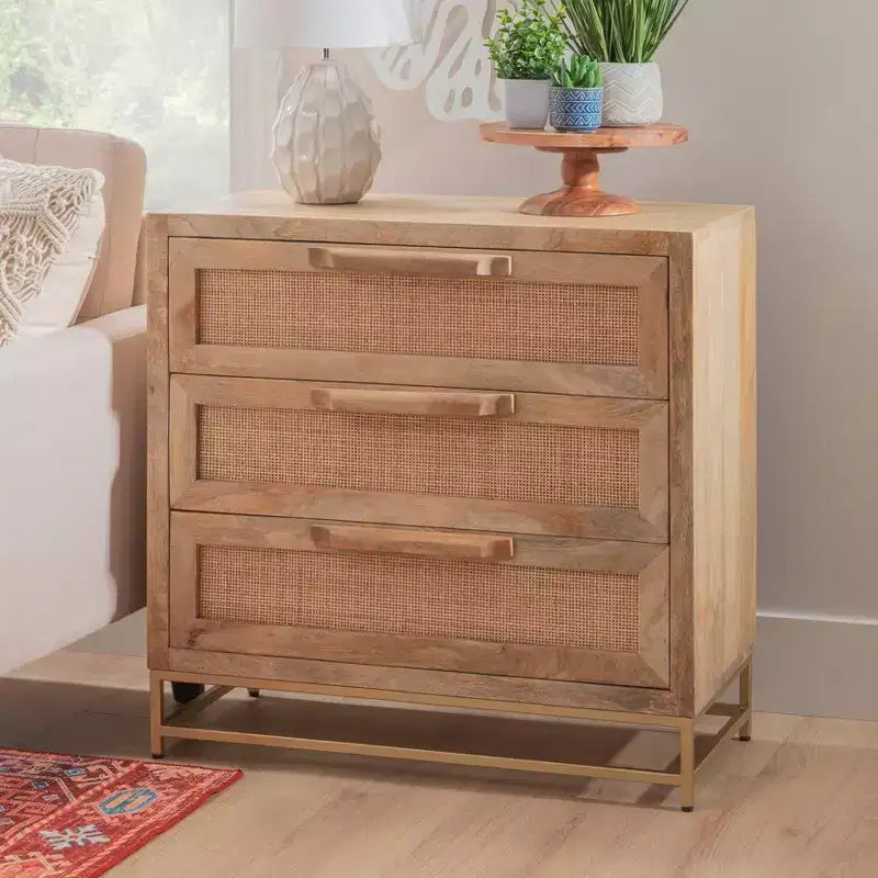 Transitional 3-Drawer Cabinet with Natural Cane and Gold Metal Base