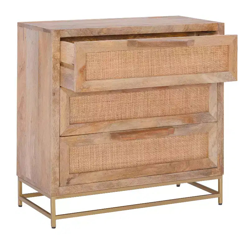 Transitional 3-Drawer Cabinet with Natural Cane and Gold Metal Base