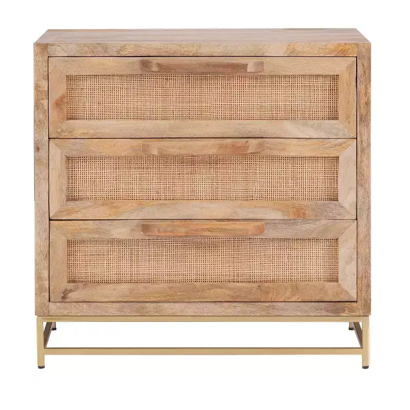Transitional 3-Drawer Cabinet with Natural Cane and Gold Metal Base