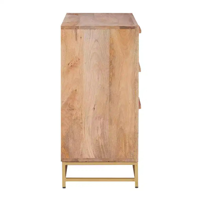 Transitional 3-Drawer Cabinet with Natural Cane and Gold Metal Base