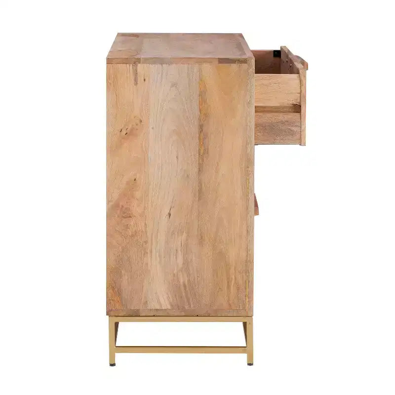 Transitional 3-Drawer Cabinet with Natural Cane and Gold Metal Base