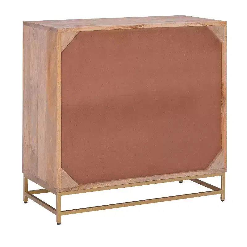 Transitional 3-Drawer Cabinet with Natural Cane and Gold Metal Base