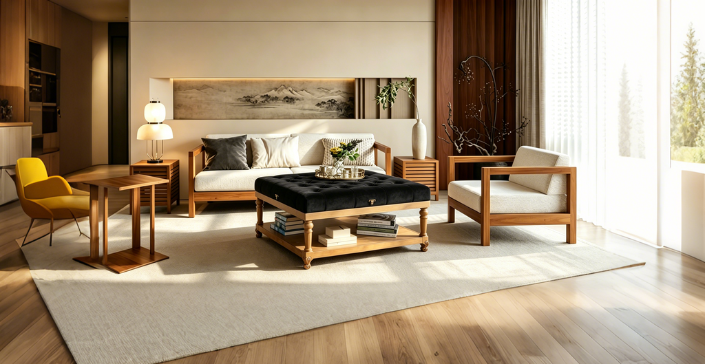 Pouf ottoman en bois rembourré de tissu de lin