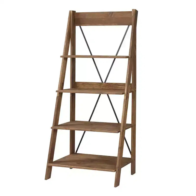 68.25" Boho 4-Tier Solid Pine Ladder Bookshelf & Plant Stand