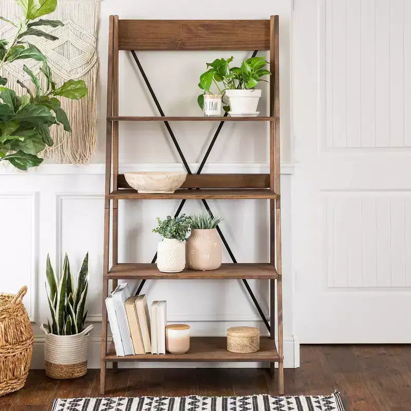 68.25" Boho 4-Tier Solid Pine Ladder Bookshelf & Plant Stand