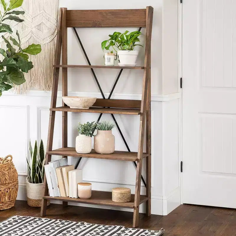 68.25" Boho 4-Tier Solid Pine Ladder Bookshelf & Plant Stand
