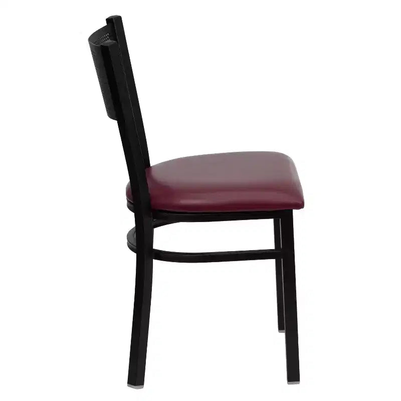 Black Grid Back Metal Dining Chair, Vinyl Padded Seat, 500 lb Capacity