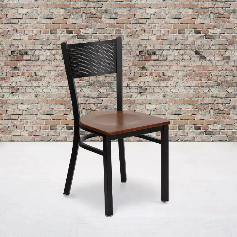 Black Grid Back Metal Dining Chair, Vinyl Padded Seat, 500 lb Capacity