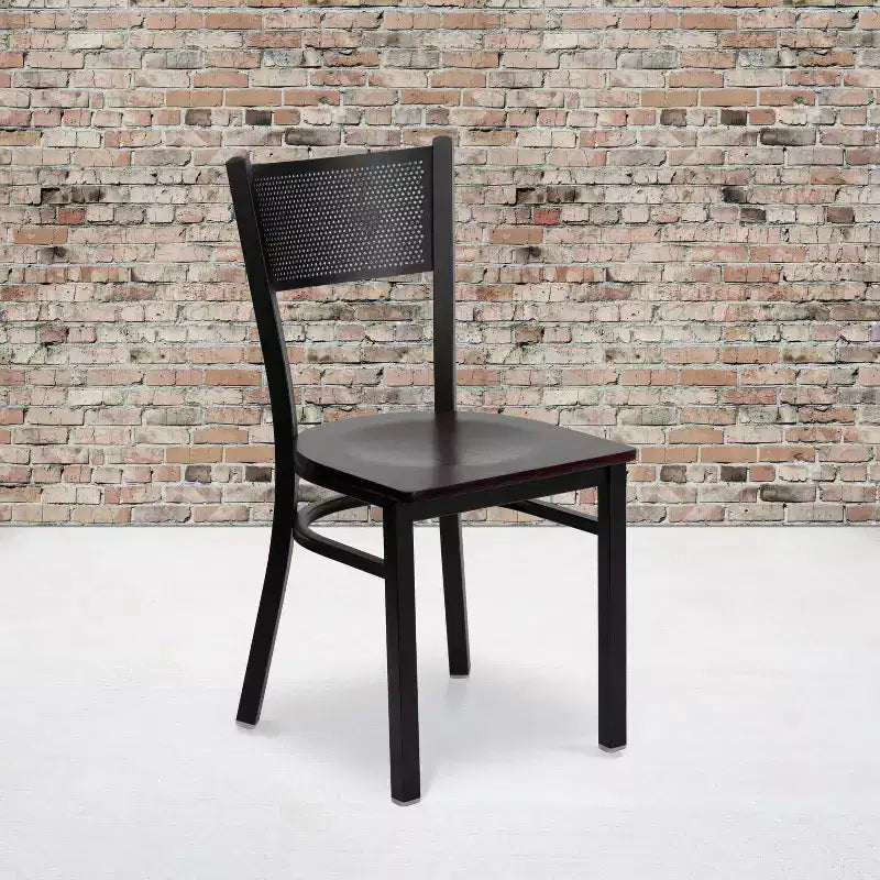 Black Grid Back Metal Dining Chair, Vinyl Padded Seat, 500 lb Capacity