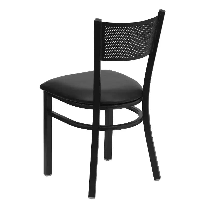Black Grid Back Metal Dining Chair, Vinyl Padded Seat, 500 lb Capacity