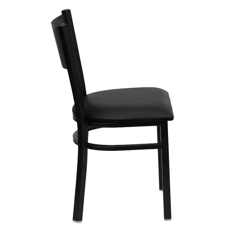 Black Grid Back Metal Dining Chair, Vinyl Padded Seat, 500 lb Capacity