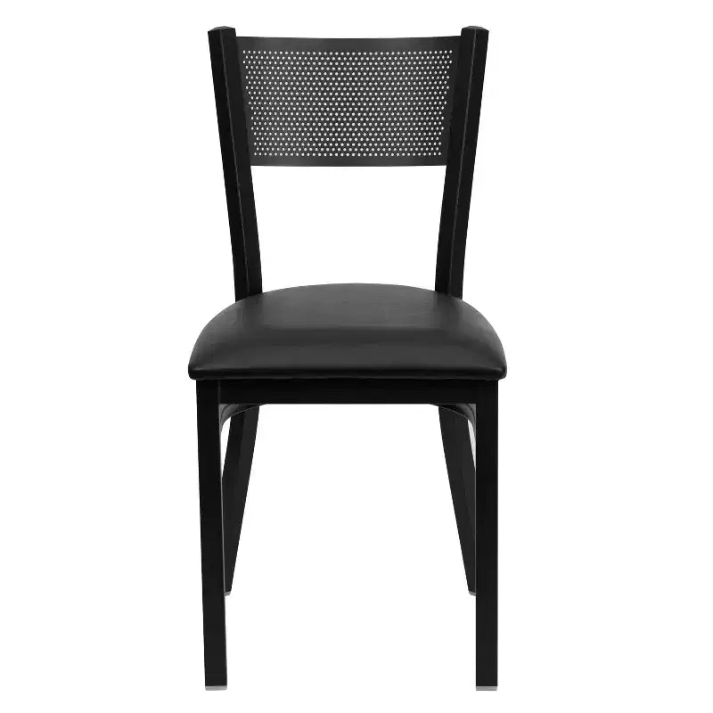 Black Grid Back Metal Dining Chair, Vinyl Padded Seat, 500 lb Capacity