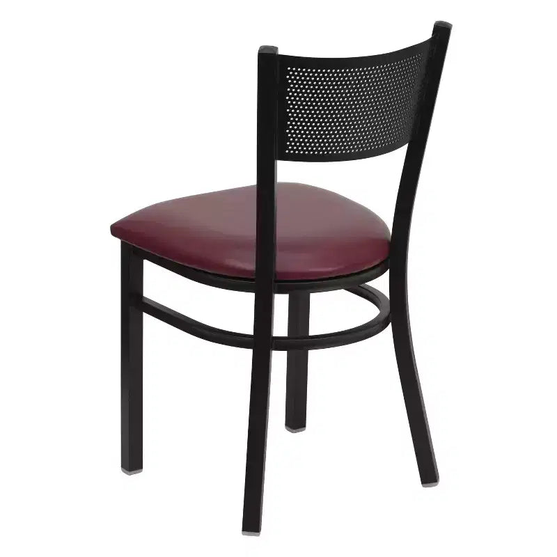 Black Grid Back Metal Dining Chair, Vinyl Padded Seat, 500 lb Capacity