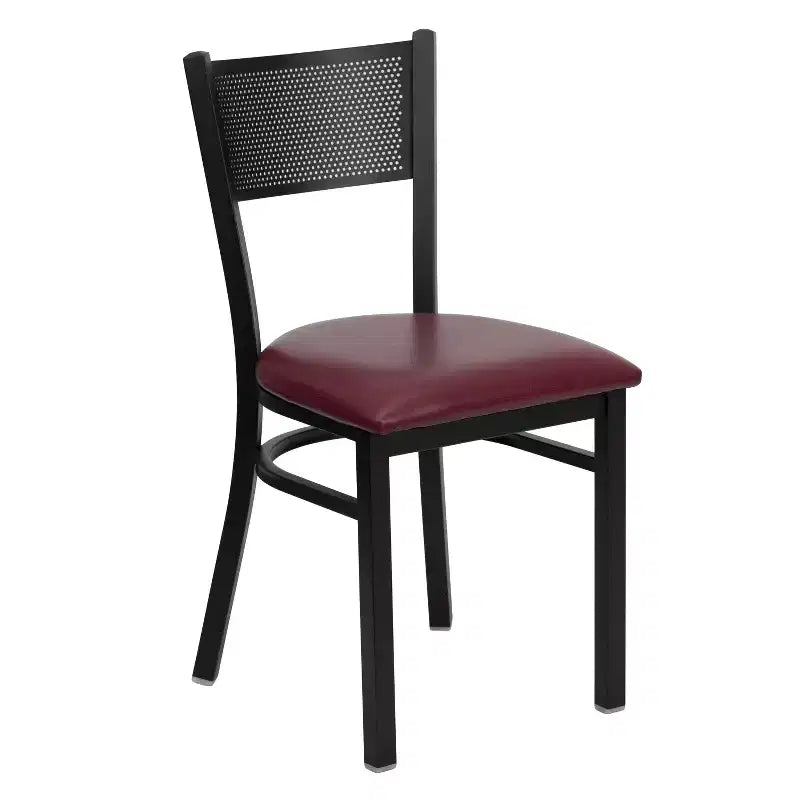 Black Grid Back Metal Dining Chair, Vinyl Padded Seat, 500 lb Capacity