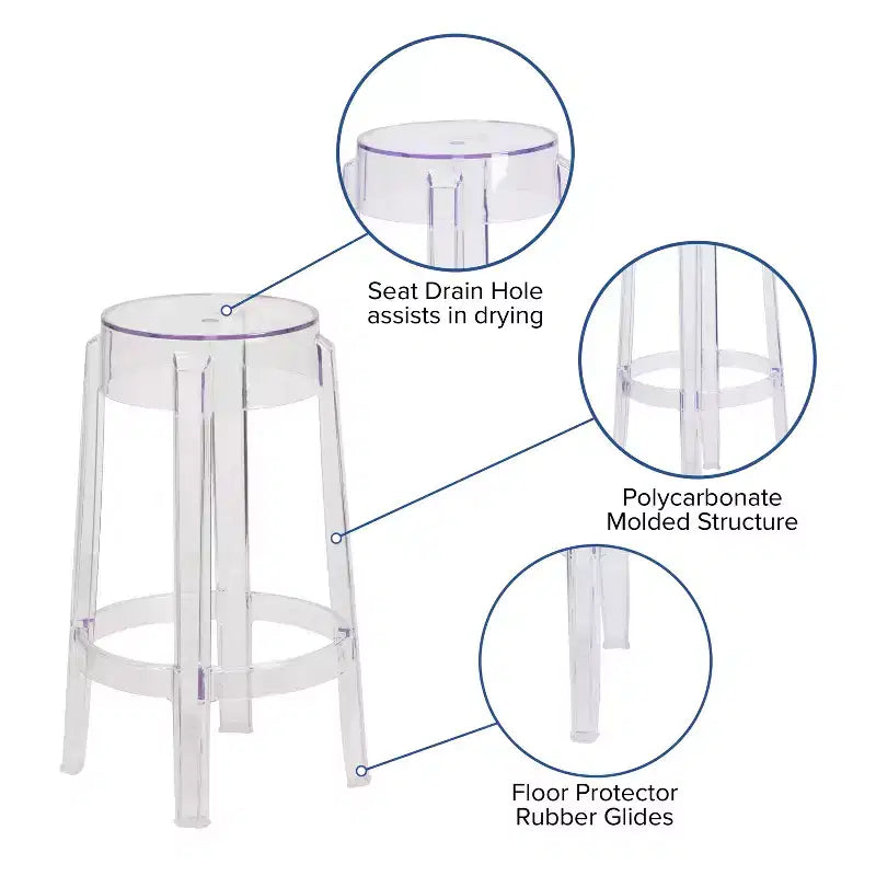 25.75" Transparent Counter Height Stool, Polycarbonate, Stackable, Backless