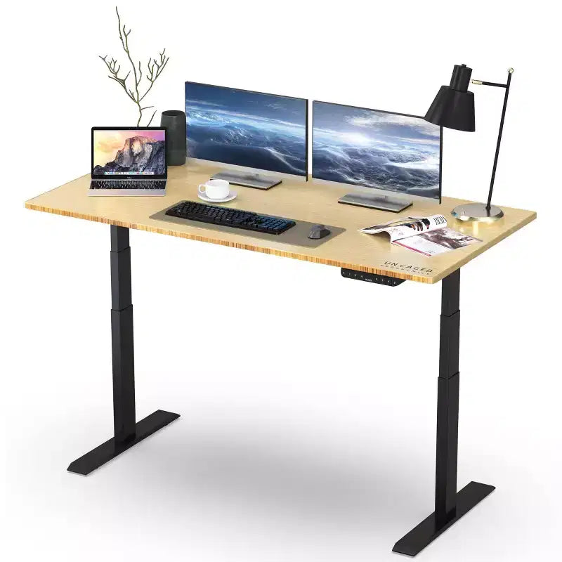 Electric Standing Desk, 60"x30" Natural Solid Bamboo, Height Adjustable 27"–46.7"