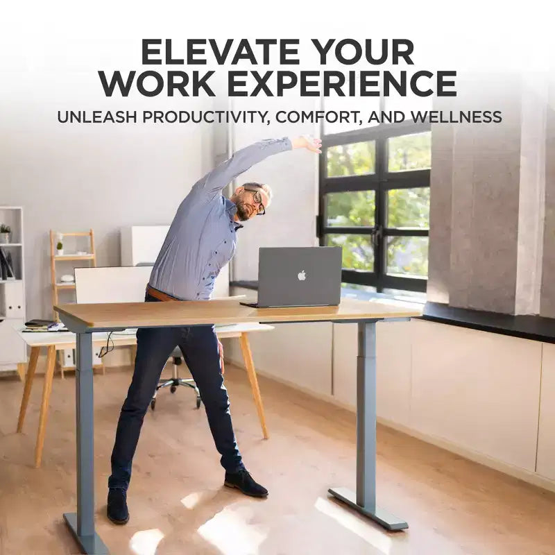 Electric Standing Desk, 60"x30" Natural Solid Bamboo, Height Adjustable 27"–46.7"