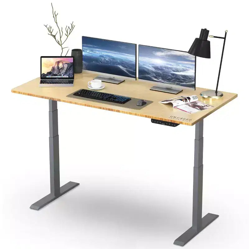 Electric Standing Desk, 60"x30" Natural Solid Bamboo, Height Adjustable 27"–46.7"