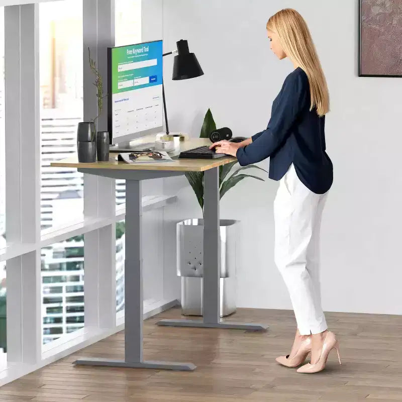 Electric Standing Desk, 60"x30" Natural Solid Bamboo, Height Adjustable 27"–46.7"