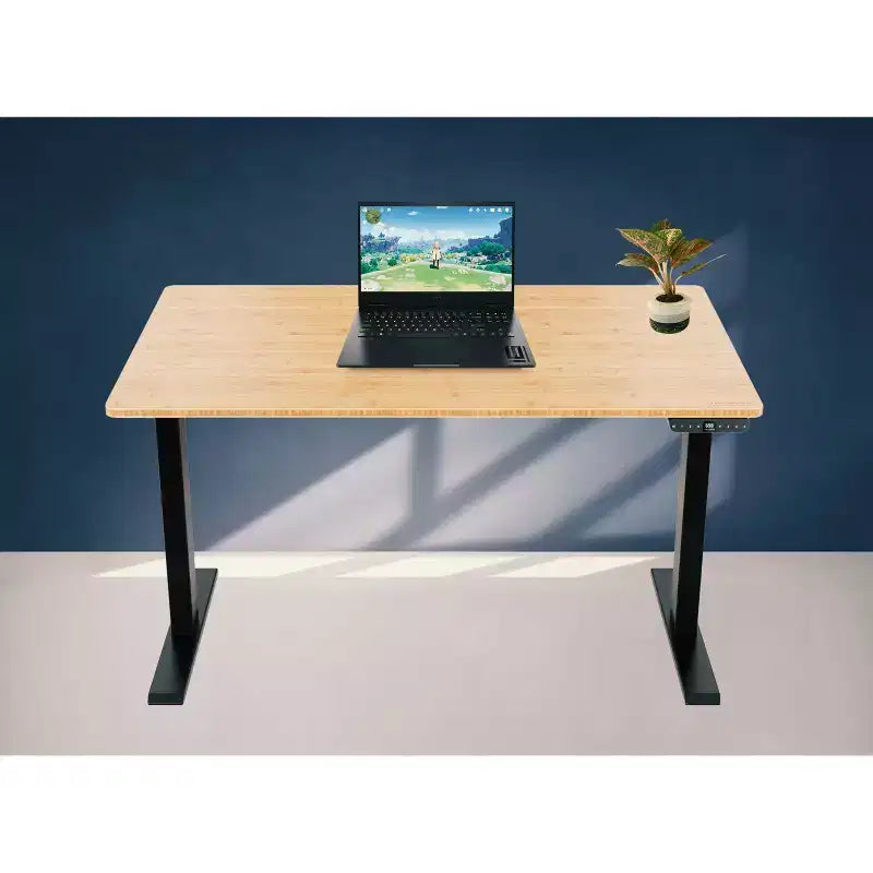 Electric Standing Desk, 60"x30" Natural Solid Bamboo, Height Adjustable 27"–46.7"
