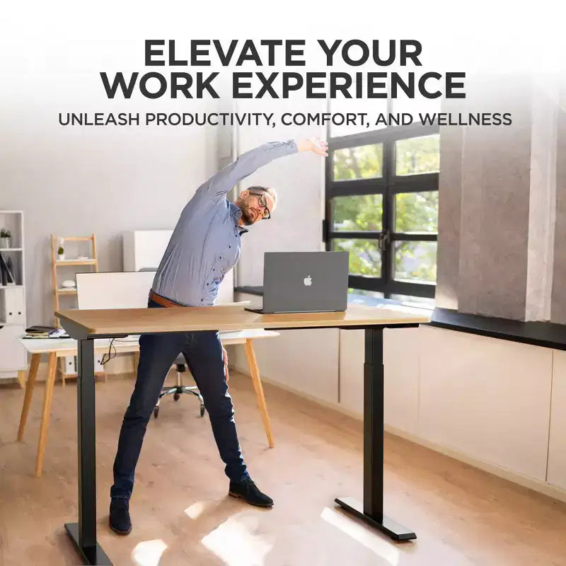 Electric Standing Desk, 60"x30" Natural Solid Bamboo, Height Adjustable 27"–46.7"