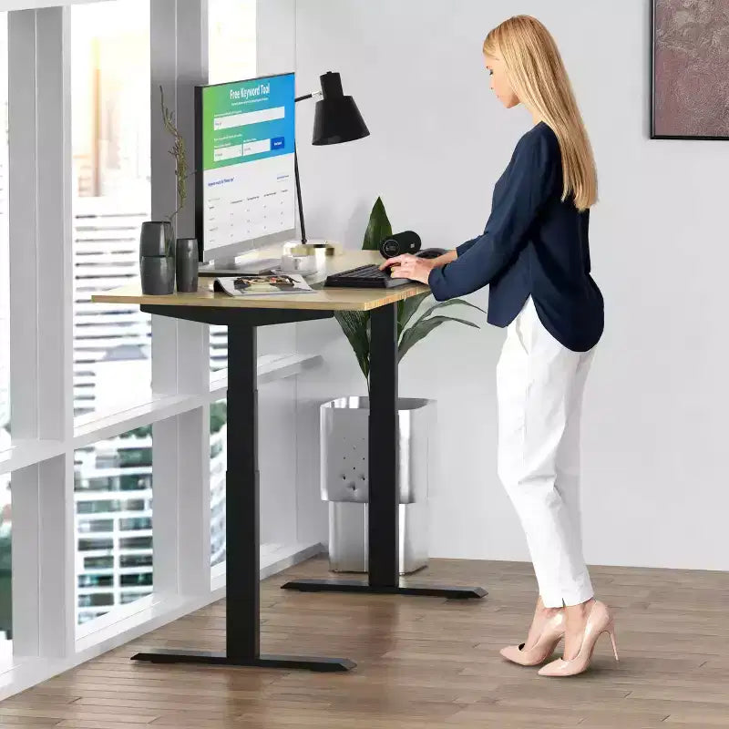 Electric Standing Desk, 60"x30" Natural Solid Bamboo, Height Adjustable 27"–46.7"