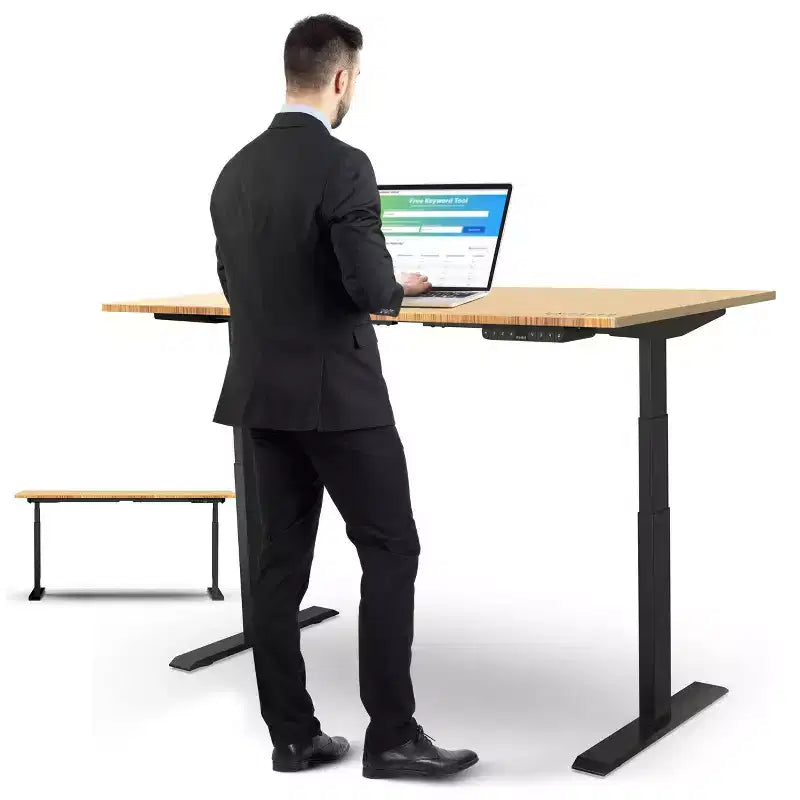 Electric Standing Desk, 60"x30" Natural Solid Bamboo, Height Adjustable 27"–46.7"