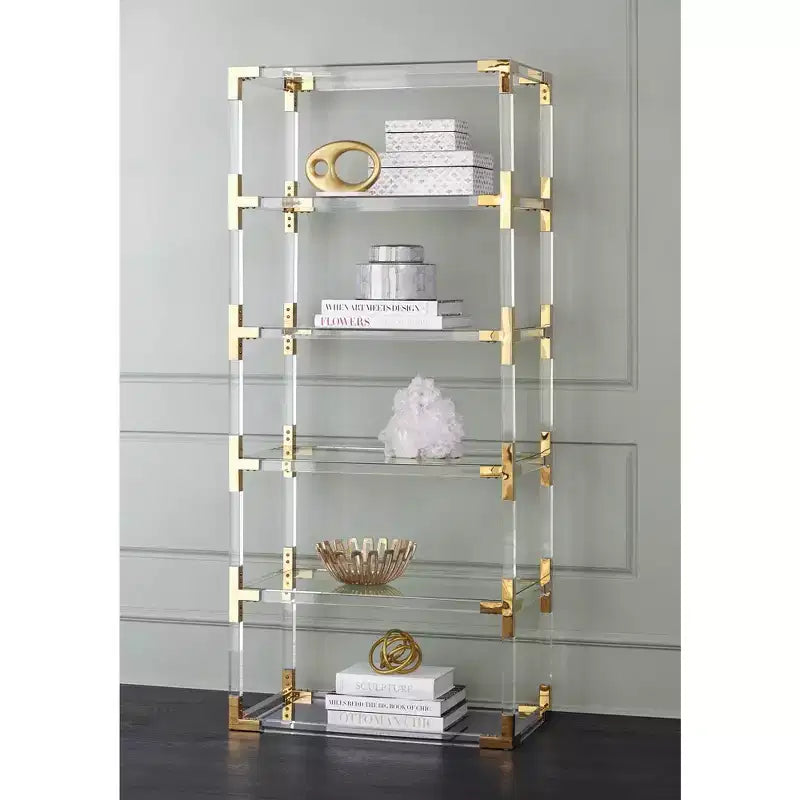 70.75" Clear Acrylic and Gold 6-Shelf Open Bookcase