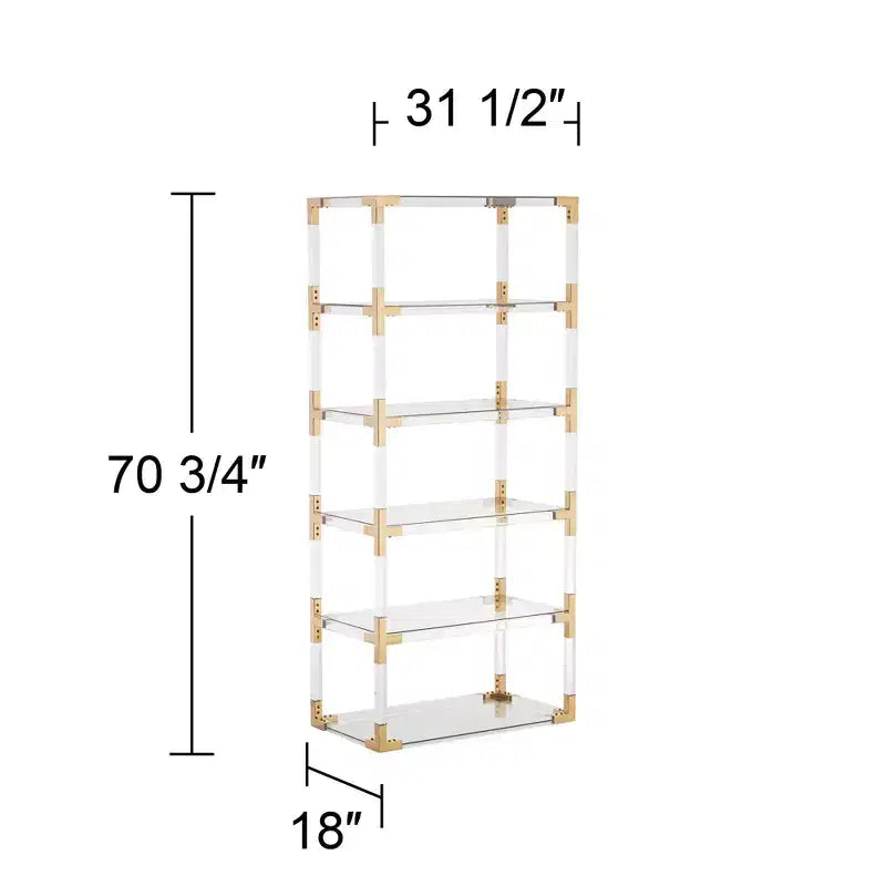70.75" Clear Acrylic and Gold 6-Shelf Open Bookcase
