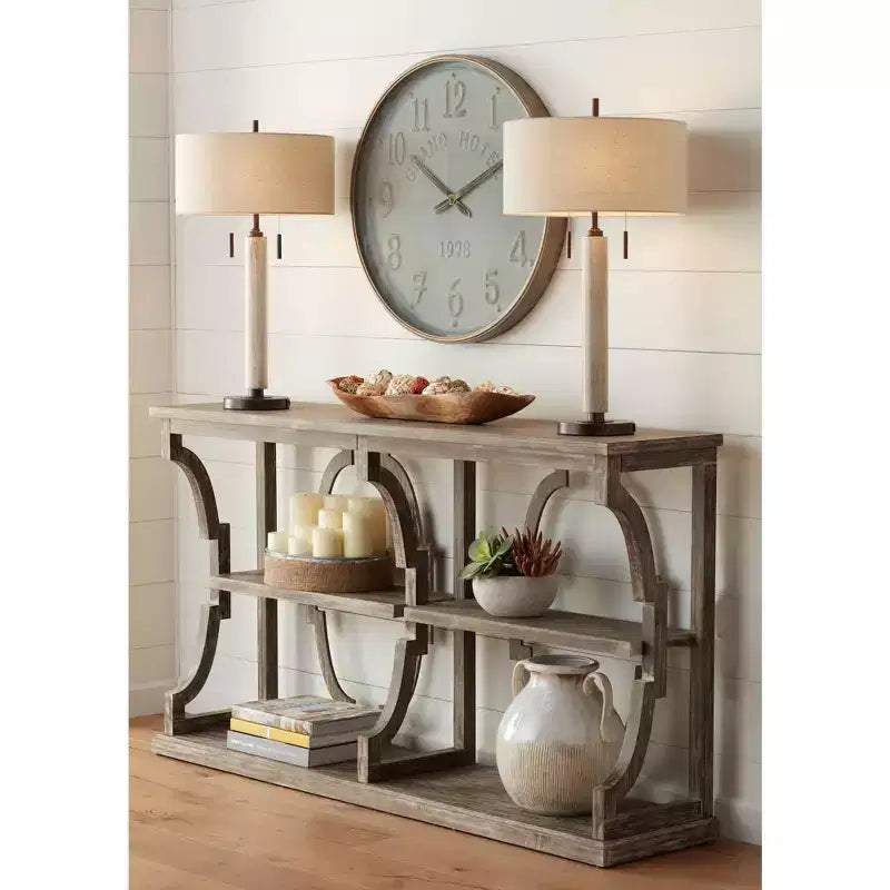 Farmhouse Rustic Chestnut Wood Console Table 64"x15" with 3-Tier Bookshelf, Brown